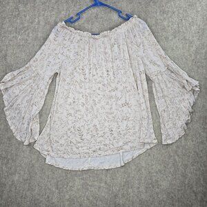 Time And Tru Womens Off-Shoulder Beige Bell Sleeve Top Medium Rayon Blend Casual